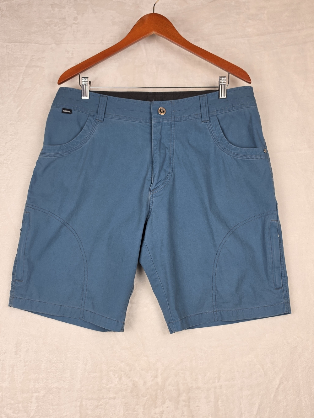 Kuhl Vintage Patina Dye Cargo Shorts Men's 36 Slate Blue Cotton Stretch Hiking
